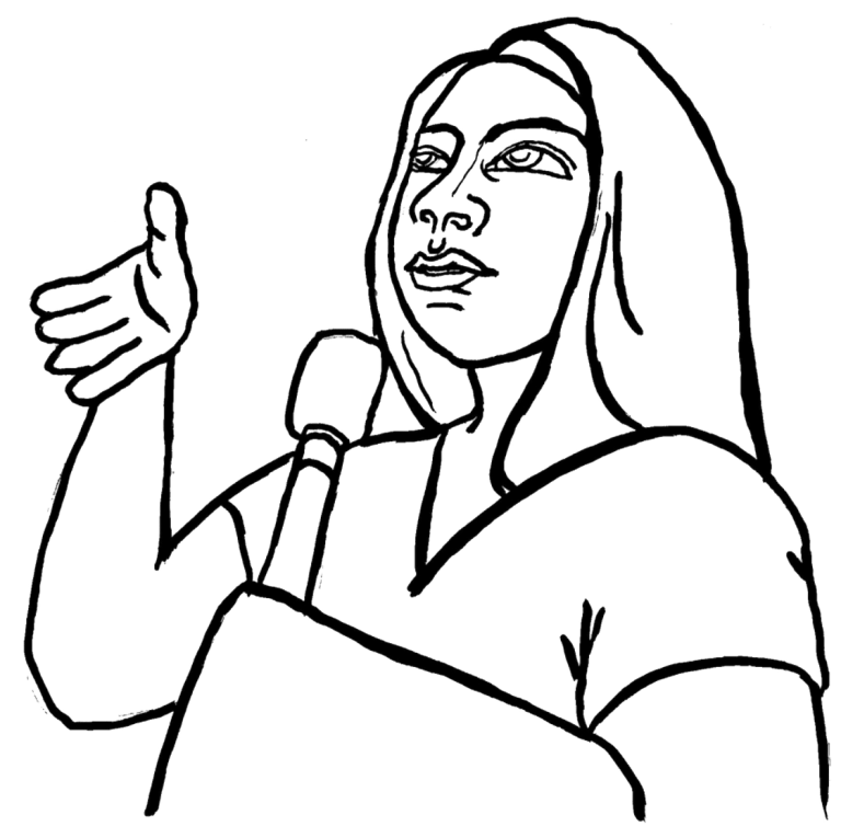 Illustration of a person with long hair giving a speech.