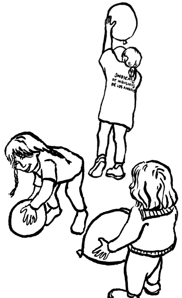 Illustration of three children playing with balloons, one with a shirt that reads "Sindicato de Inquilinos de Los Angeles"